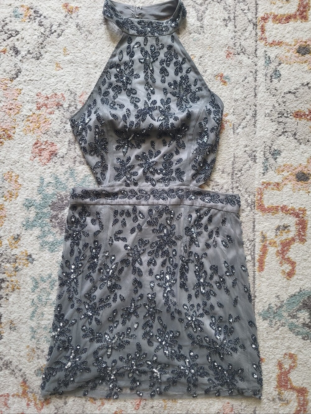 NBD x Revolve Gabriela beaded halter neck backless dress in steel grey